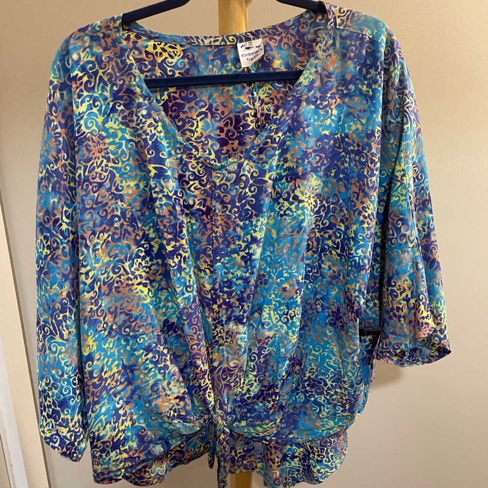 Blue Hippie Style 3/4 Sleeve Tie Front Blouse One Size